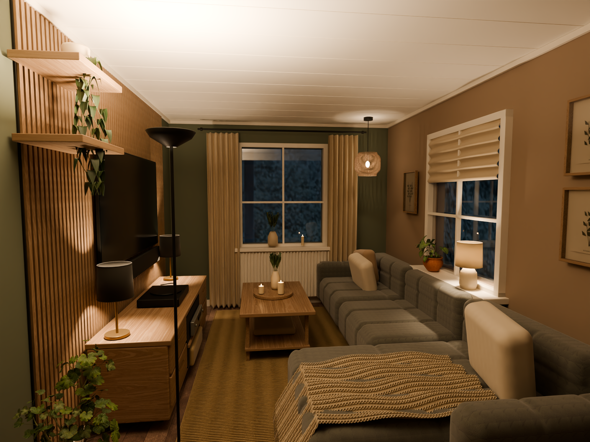 Full Blender evening render of your measured living room